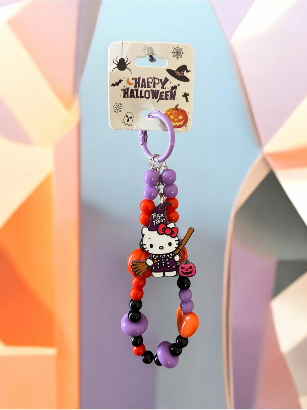 Hello Kitty Halloween Beaded Keychain in Purple and Orange